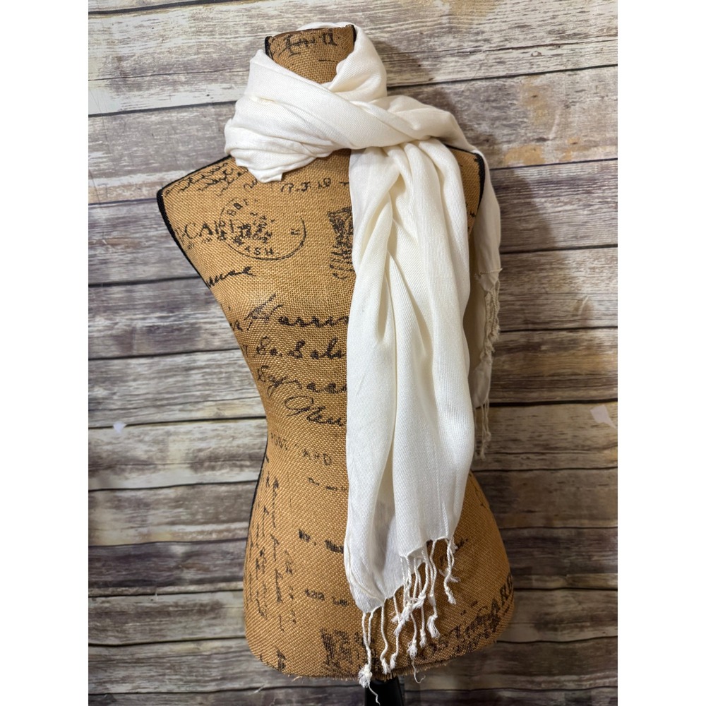 Off White Rayon Fringed Wrap Scarf Lightweight Solid Tassel Shawl Made in India